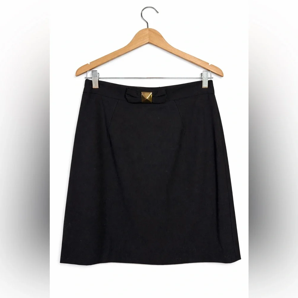 Kate Spade Black A-Line Midi Skirt Gold Bow Accent Size 10 Classic Chic EUC